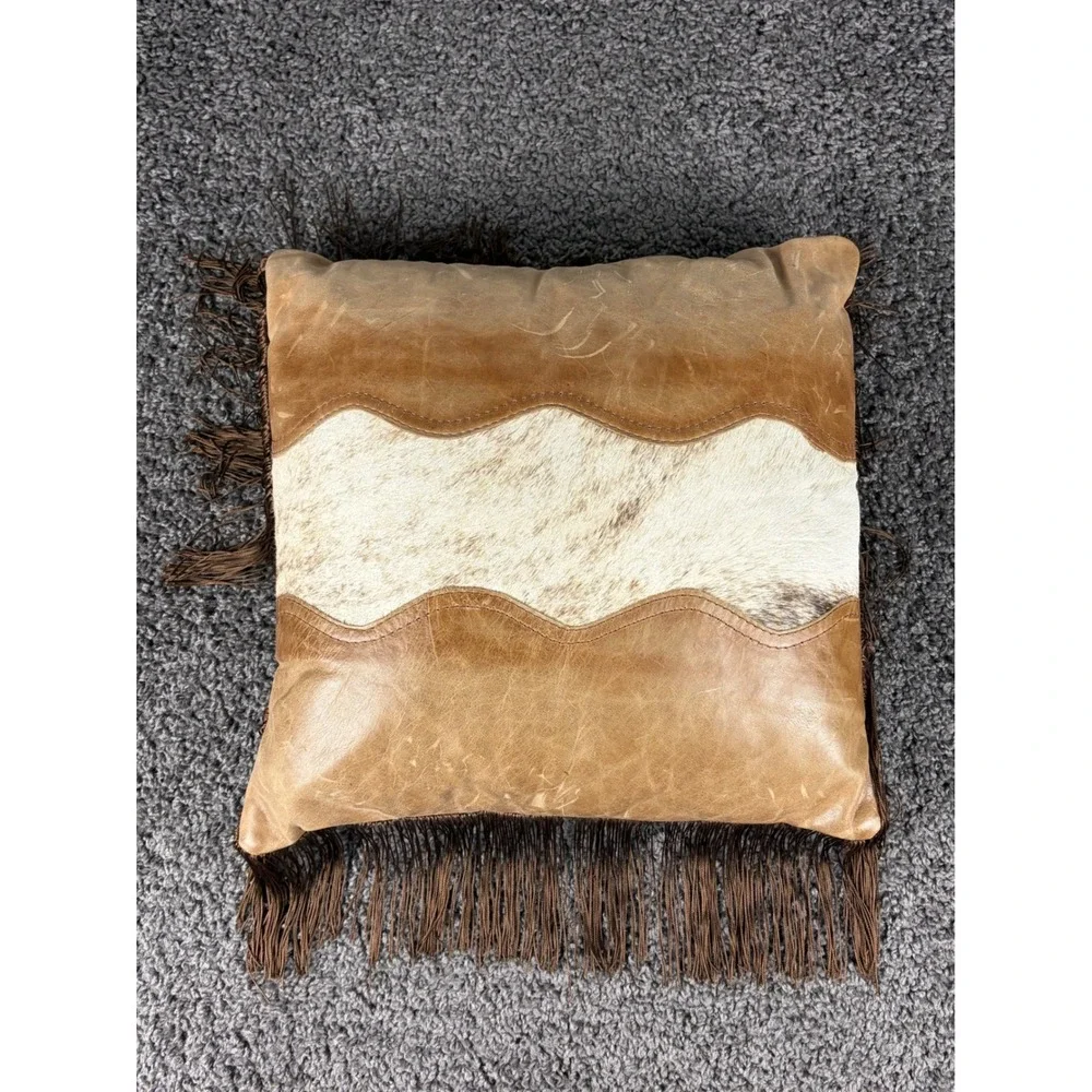 Stetson Leather Throw Pillow Set of 3 Western Cowhide Hair on Hide Brown Tan